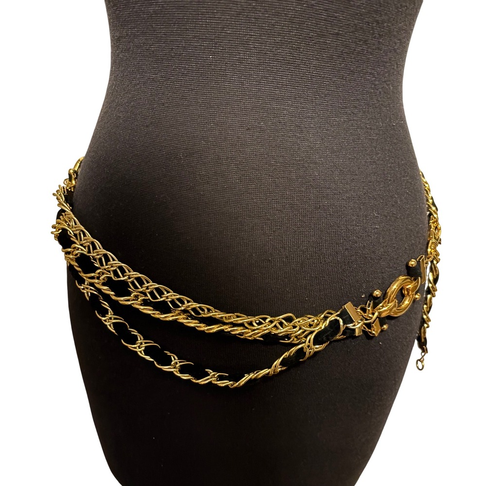 Gold Tone Multi Strand Chain Belt Woven Velvet Layered Link Statement 1980s